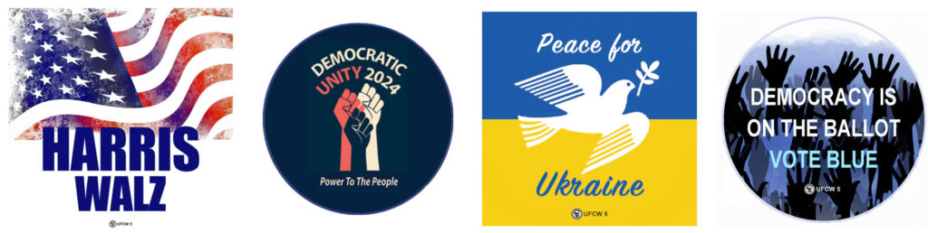 Four designs available for purchase: Harris/Walz, Democratic unity, Peace for Ukraine, and Vote Blue